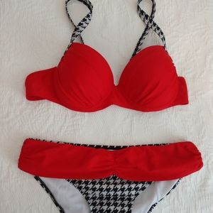 Red and houndstooth pattern bikini